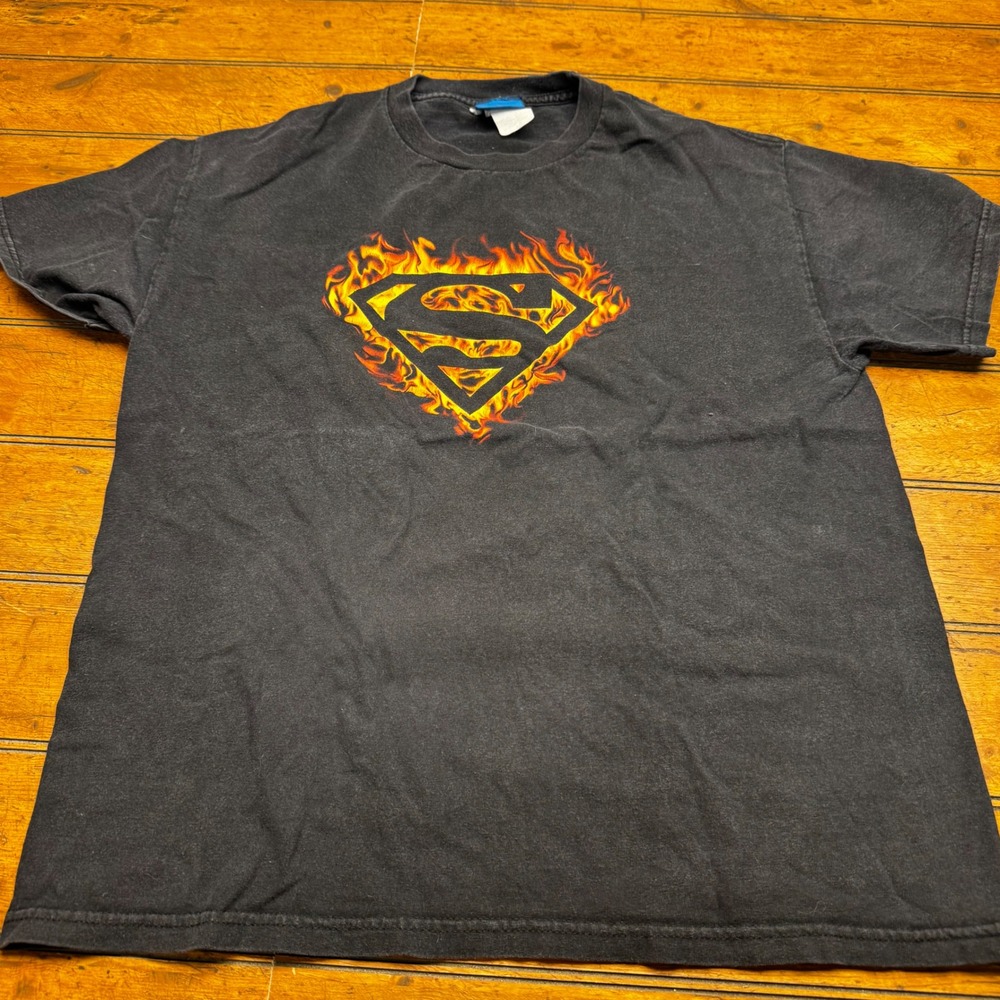 Superman Shield Flame Graphic‎ T-Shirt Mens XL Black DC Comics Vintage Style Tee